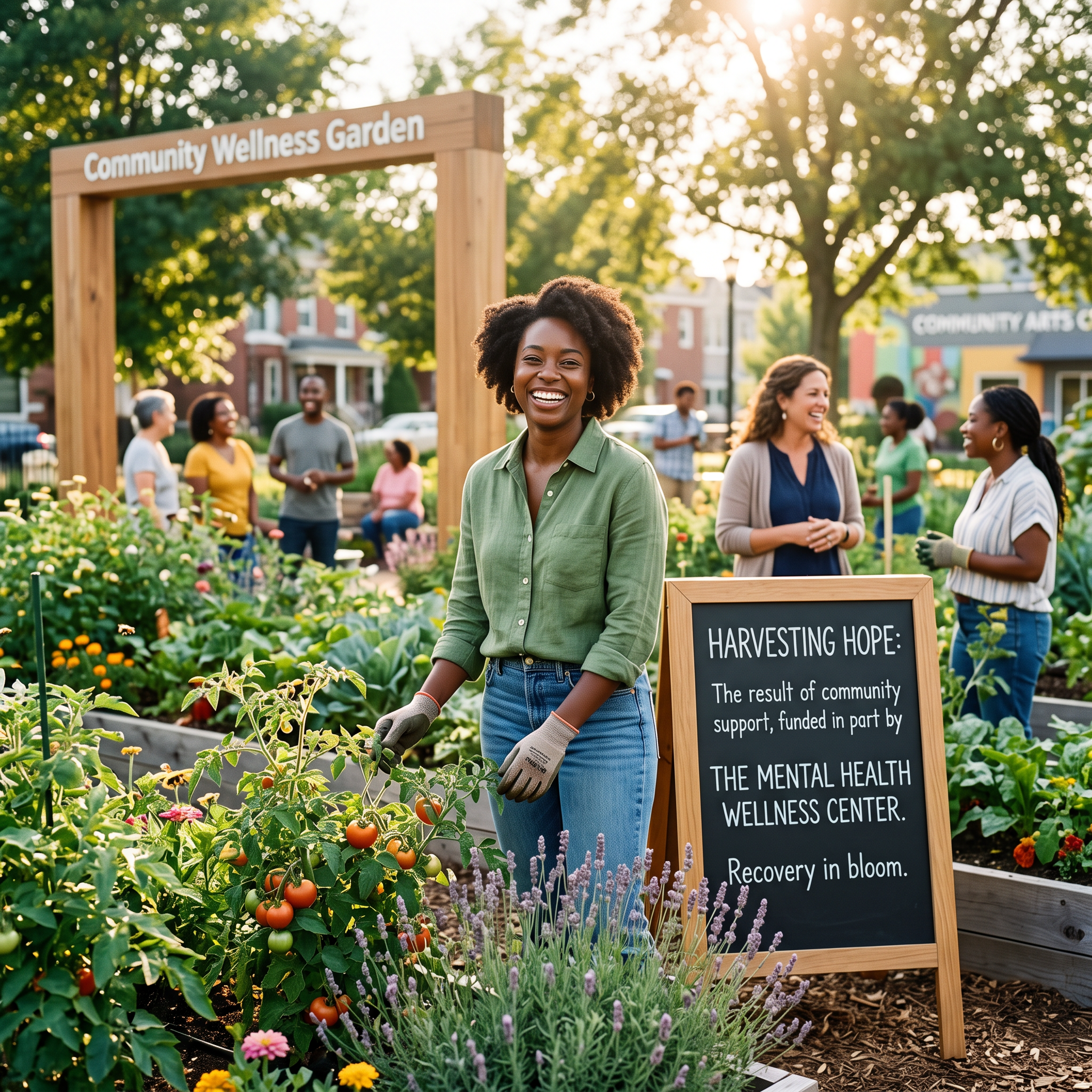 Smiling woman in a community wellness garden representing recovery, support, and thriving mental wellness