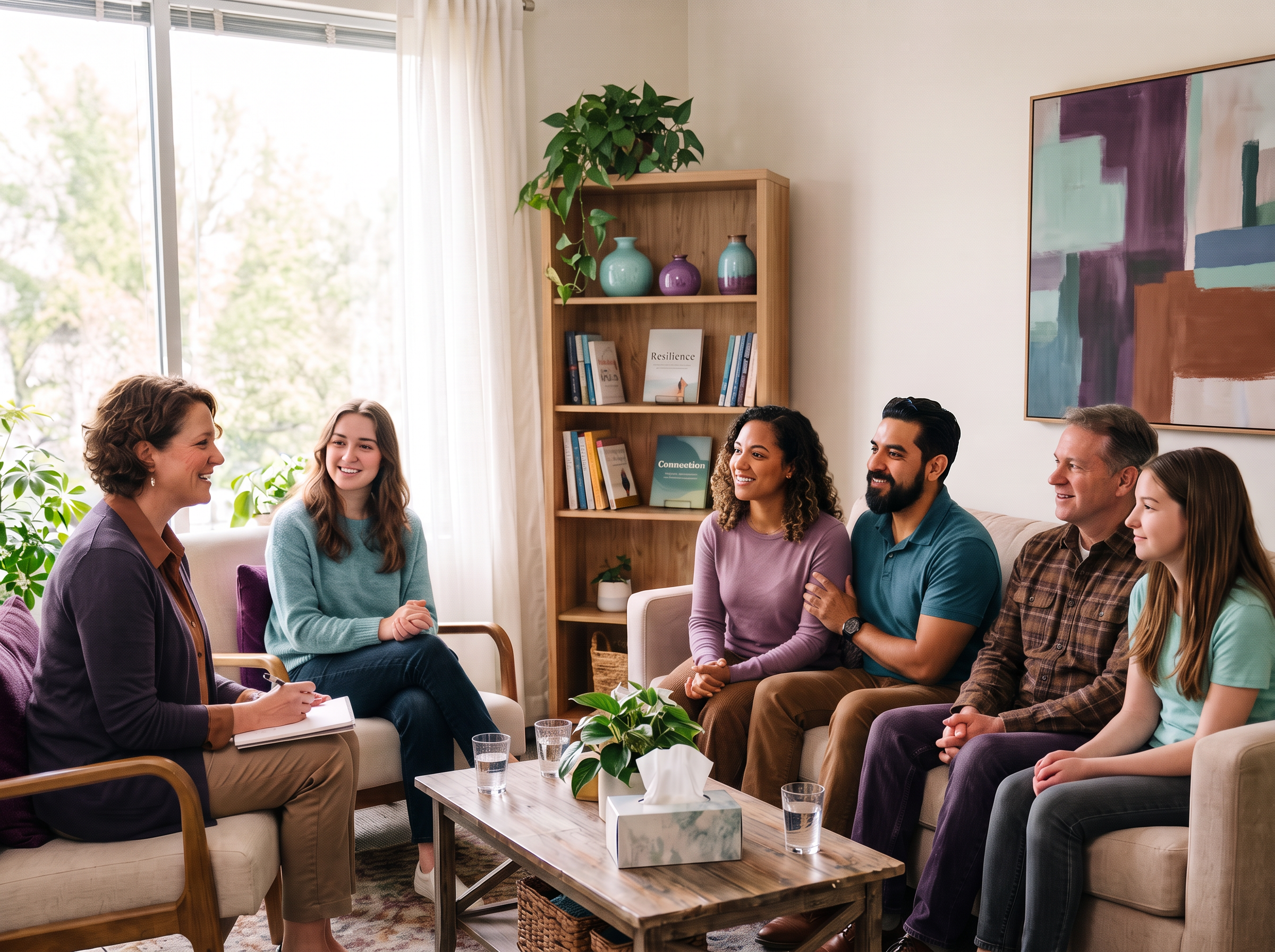 Therapy session with counselor and family in a welcoming wellness setting